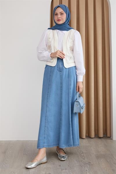 Nakış Yelekli Kot Etekli Bej Üçlü Takım