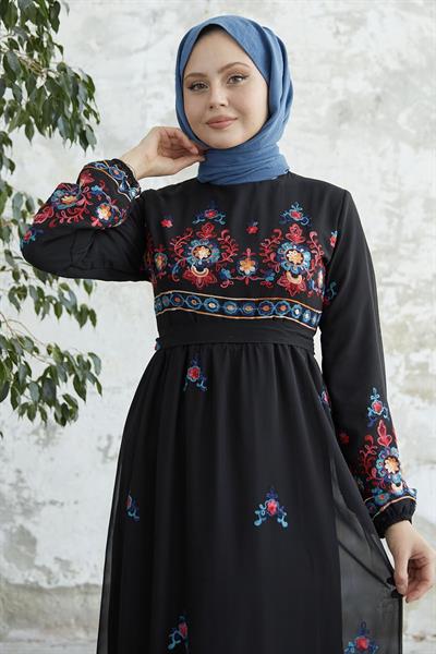 Nakışlı Eteği Fırfır Siyah Şifon Elbise
