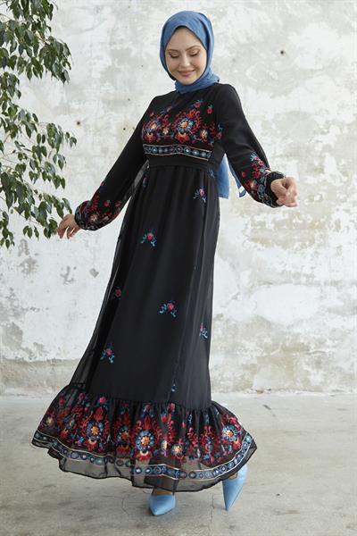 Nakışlı Eteği Fırfır Siyah Şifon Elbise