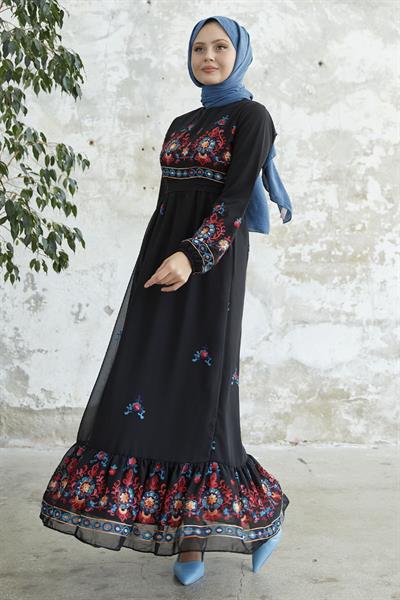 Nakışlı Eteği Fırfır Siyah Şifon Elbise