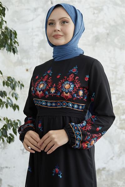 Nakışlı Eteği Fırfır Siyah Şifon Elbise