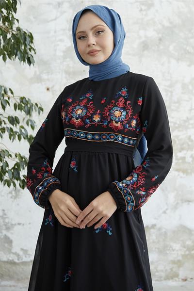 Nakışlı Eteği Fırfır Siyah Şifon Elbise