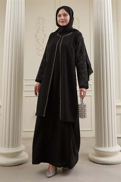 Nakışlı Kapak Detay Siyah Ferace