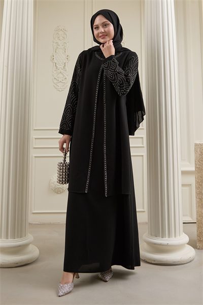 Nakışlı Kapak Detay Siyah Ferace