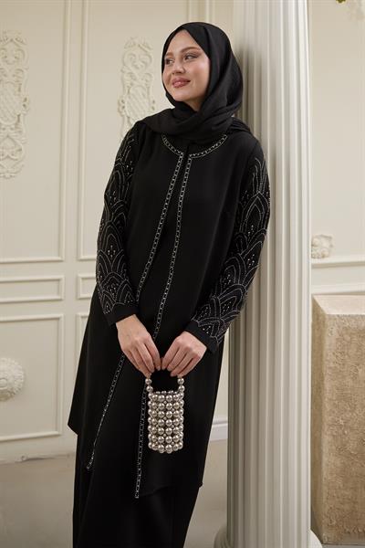 Nakışlı Kapak Detay Siyah Ferace