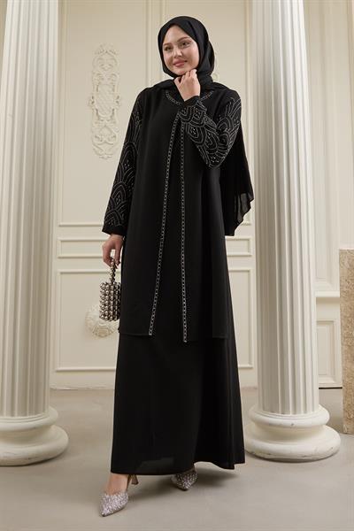 Nakışlı Kapak Detay Siyah Ferace