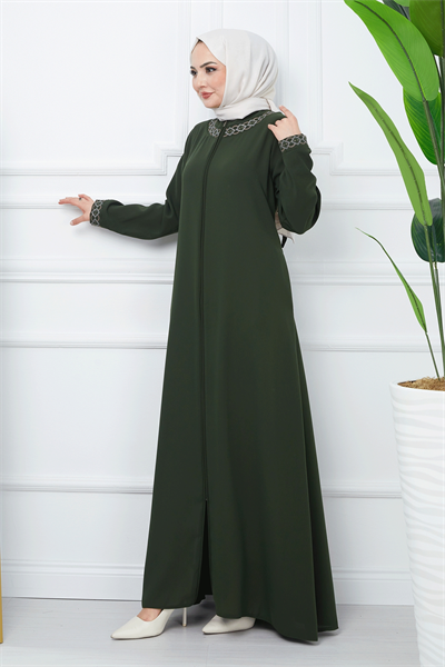 Nakışlı Model Petek Kumaş Haki Ferace