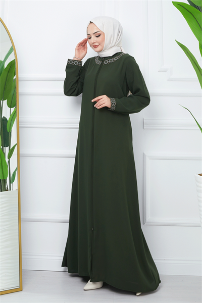 Nakışlı Model Petek Kumaş Haki Ferace