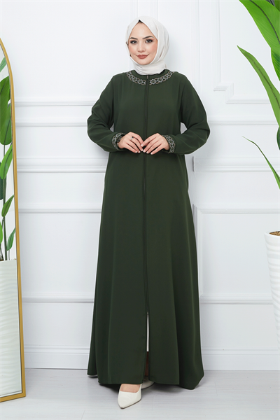 Nakışlı Model Petek Kumaş Haki Ferace