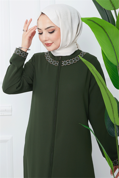 Nakışlı Model Petek Kumaş Haki Ferace