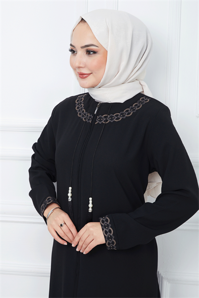 Nakışlı Model Petek Kumaş Siyah Ferace