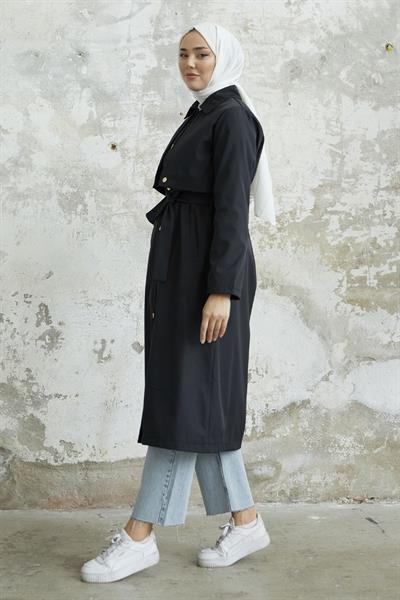 Nalyes Kapaklı Kuşaklı Siyah Trenç