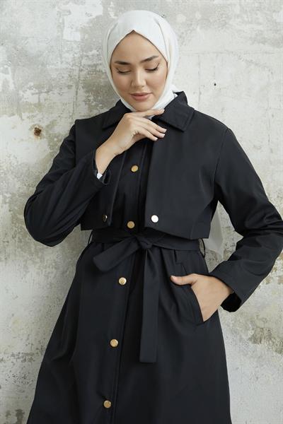 Nalyes Kapaklı Kuşaklı Siyah Trenç