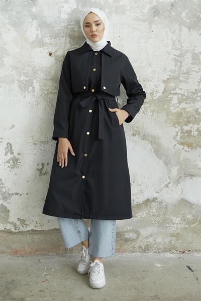 Nalyes Kapaklı Kuşaklı Siyah Trenç