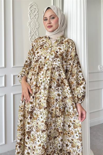 Nergis Çiçeği Kahverengi Mango Elbise