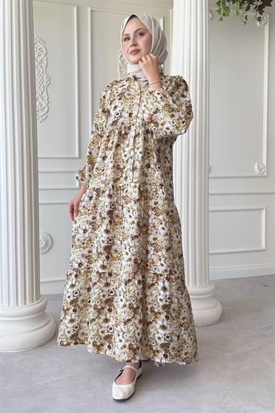 Nergis Çiçeği Kahverengi Mango Elbise