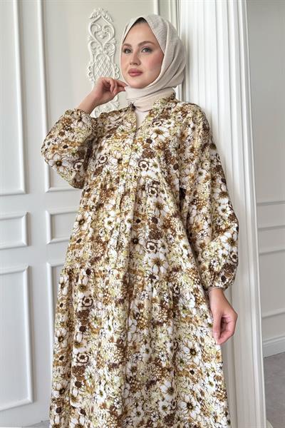 Nergis Çiçeği Kahverengi Mango Elbise