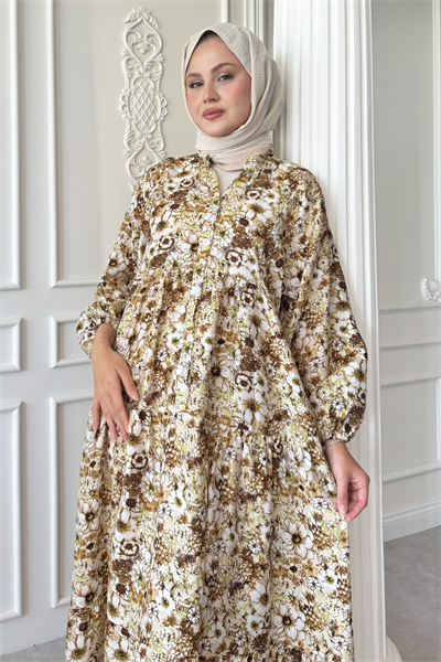 Nergis Çiçeği Kahverengi Mango Elbise