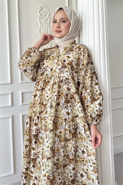 Nergis Çiçeği Kahverengi Mango Elbise