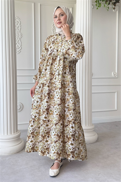 Nergis Çiçeği Kahverengi Mango Elbise
