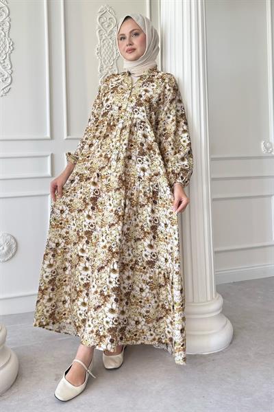 Nergis Çiçeği Kahverengi Mango Elbise