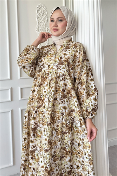 Nergis Çiçeği Kahverengi Mango Elbise