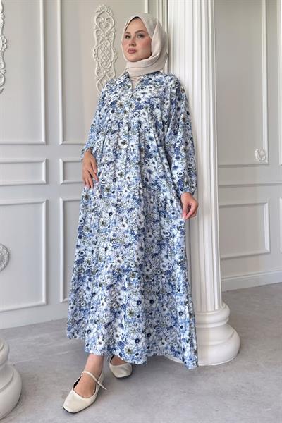 Nergis Çiçeği Mavi Mango Elbise