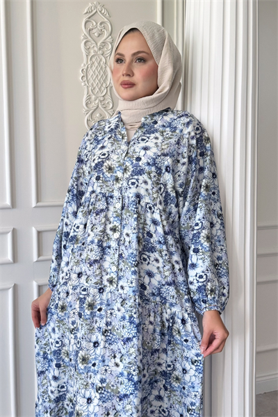 Nergis Çiçeği Mavi Mango Elbise