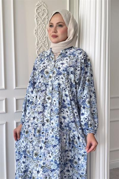 Nergis Çiçeği Mavi Mango Elbise