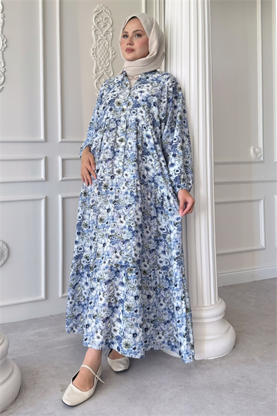 Nergis Çiçeği Mavi Mango Elbise