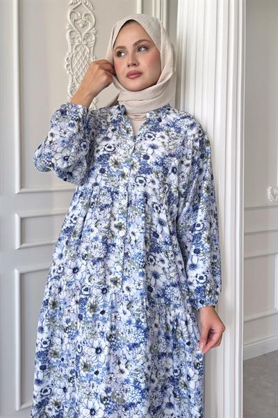 Nergis Çiçeği Mavi Mango Elbise