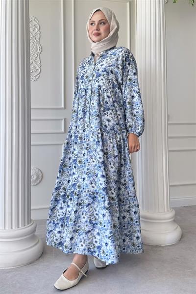 Nergis Çiçeği Mavi Mango Elbise
