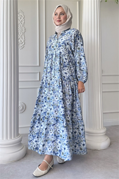 Nergis Çiçeği Mavi Mango Elbise