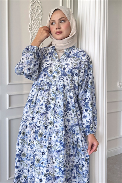 Nergis Çiçeği Mavi Mango Elbise