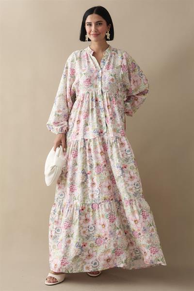 Nergis Çiçeği Pudra Mango Elbise