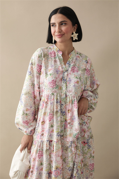 Nergis Çiçeği Pudra Mango Elbise