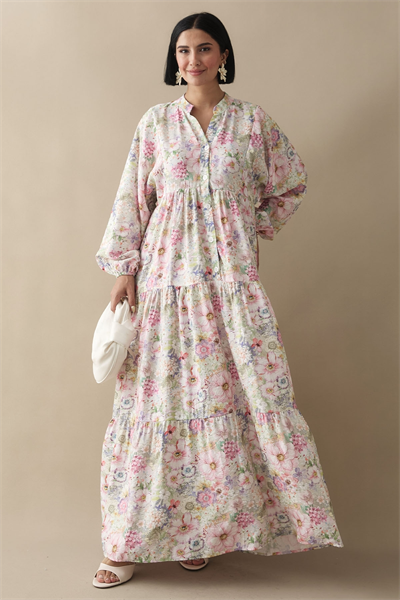 Nergis Çiçeği Pudra Mango Elbise