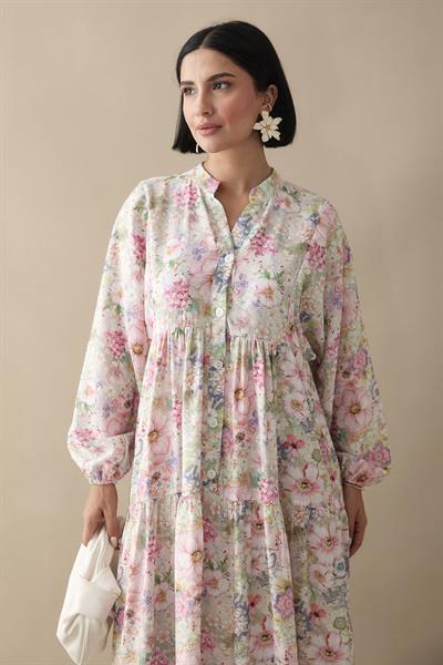 Nergis Çiçeği Pudra Mango Elbise