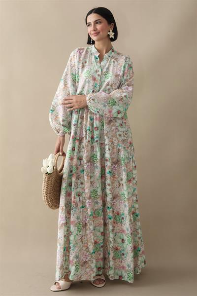 Nergis Çiçeği Yeşil Mango Elbise