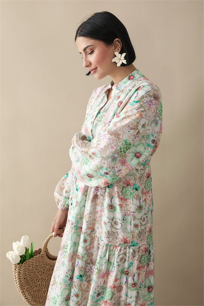 Nergis Çiçeği Yeşil Mango Elbise