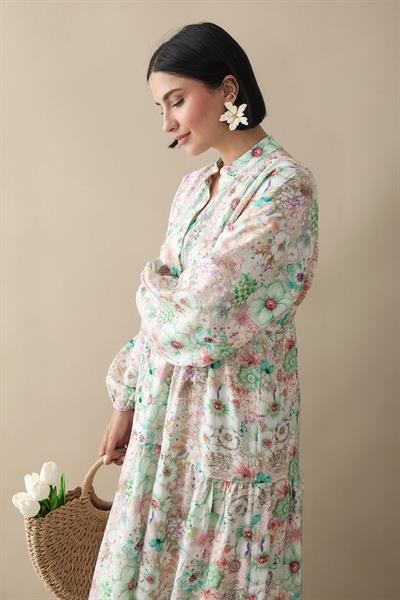 Nergis Çiçeği Yeşil Mango Elbise