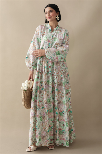 Nergis Çiçeği Yeşil Mango Elbise