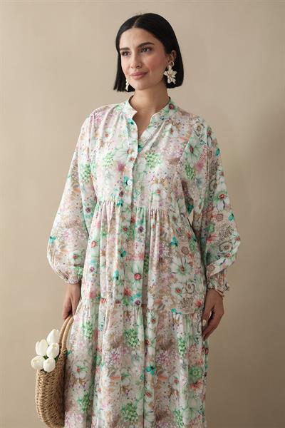 Nergis Çiçeği Yeşil Mango Elbise