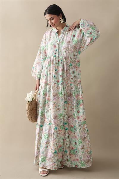 Nergis Çiçeği Yeşil Mango Elbise