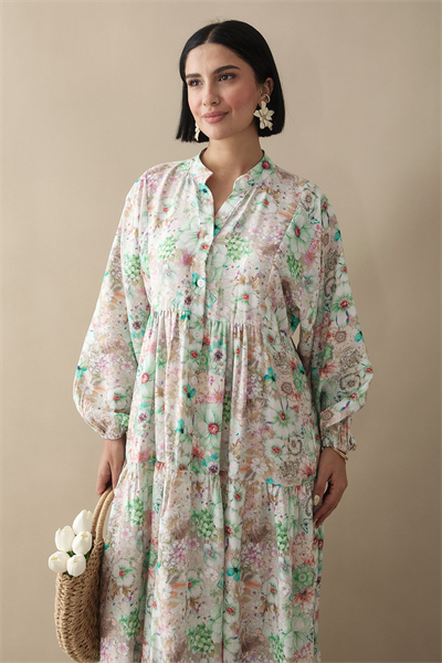 Nergis Çiçeği Yeşil Mango Elbise