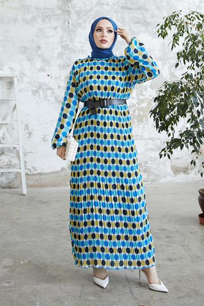 Nerisa Puantiyeli Kemerli Şifon Elbise - İndigo