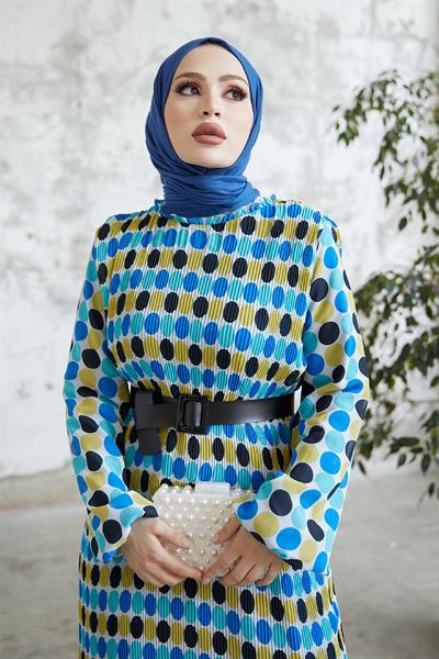 Nerisa Puantiyeli Kemerli Şifon Elbise - İndigo