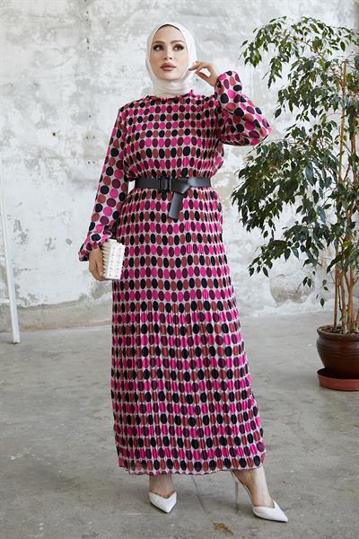 Nerisa Puantiyeli Kemerli Şifon Elbise - Gül Kurusu