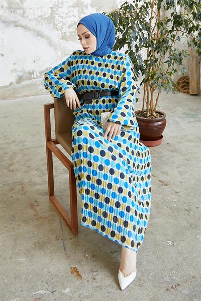 Nerisa Puantiyeli Kemerli Şifon Elbise - İndigo