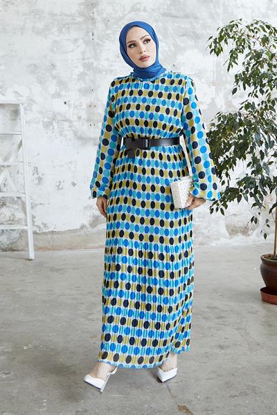 Nerisa Puantiyeli Kemerli Şifon Elbise - İndigo